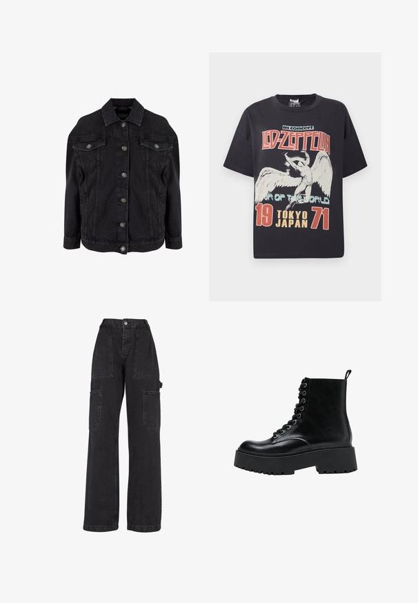 Sort denimjakke med metal knapper foran, to brystlommer med klapper og knapper samt klassisk krave.; Sort bomulds T-shirt med et stort grafisk print af en engel med teksten "Led Zeppelin i koncert Verdens Tour Tokyo Japan 1971."; Sorte denim cargo bukser med brede ben, flere pattes lommer og høj talje. Har knaplukning og solid syning.; Sorte læder snørebånd ankelstøvler med tyk platåsål, metaløjer og løftekant på hælen, vist i sideprofil på hvid baggrund.