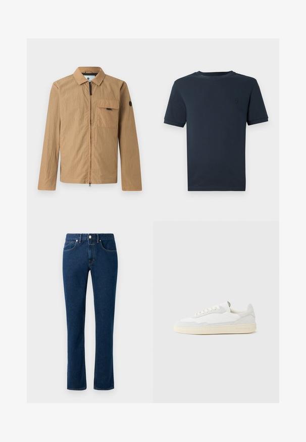 Chaqueta ligera marrón con un acabado texturizado, zipper frontal, bolsillo en el pecho y un parche con logo redondo en la manga izquierda.; Camiseta de algodón azul oscuro con mangas cortas, cuello redondo y un pequeño logotipo texturizado en la parte izquierda del pecho. Acabado de tela suave.; Vaqueros de denim azul oscuro con un diseño de pierna recta ajustada, estilo clásico de cinco bolsillos y cierre de botón en la cintura.; Zapatilla blanca con parte superior texturizada de ante y cuero. Presenta una puntera redondeada, cierre con cordones y suela de goma beige contrastante.