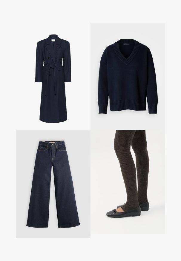 Dubbelzijdige marineblauwe wollen blend jas, lange mouwen, zelfbindende riem, twee voorzakken, gespreide kraag, gestructureerde stof.; Donker marineblauwe V-hals trui met lange mouwen en geribbelde boorden aan mouwen en zoom, getoond op een effen achtergrond.; Wijde denim jeans in donkerblauw met contrasterende stiksels. Bevat een traditionele vijf-pocketontwerp en een knoopsluiting in de taille.; Benen met donkere geribbelde leggings gecombineerd met zwarte ballerina's met kleine strikdetails op een witte achtergrond.