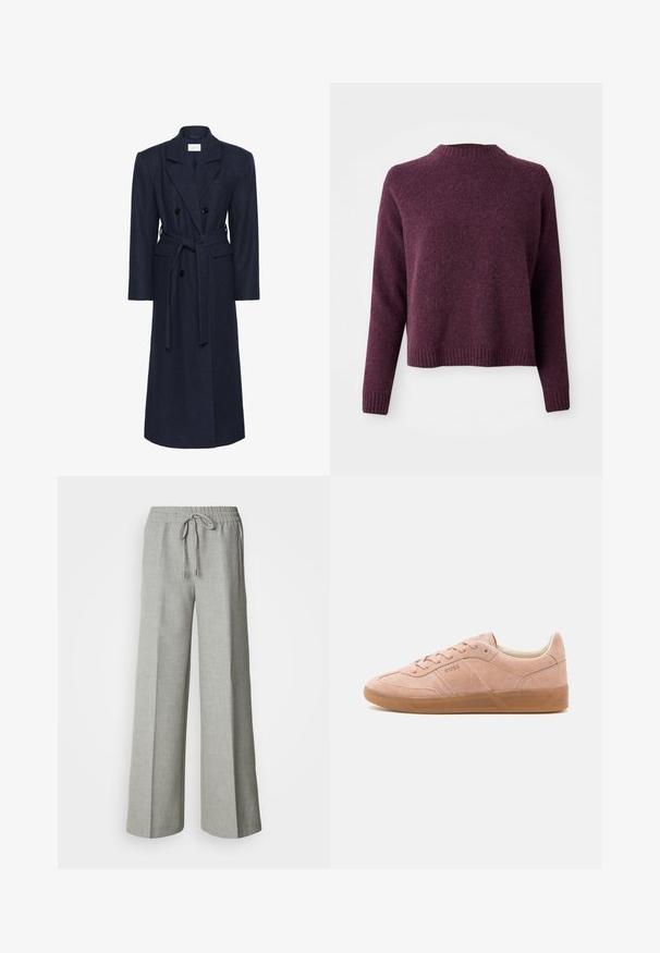 Dobbeltbrystet navy uldblandingsfrakke, lange ærmer, selvbindende bælte, to forlommer, notch-krave, textured stof.; Lilla strikket sweater med rund halsudskæring, lange ærmer og ribbede manchetter og kant. Blød tekstur, afslappet pasform og minimalistisk design.; Lysegrå bukser med brede ben, elastisk taljebånd med snøre, forlommer og et subtilt tekstureret stof.; Lyserøde suedestøvler med gummisål, rund tå og snørebåndslukning. Har minimal branding på siden og hælen.