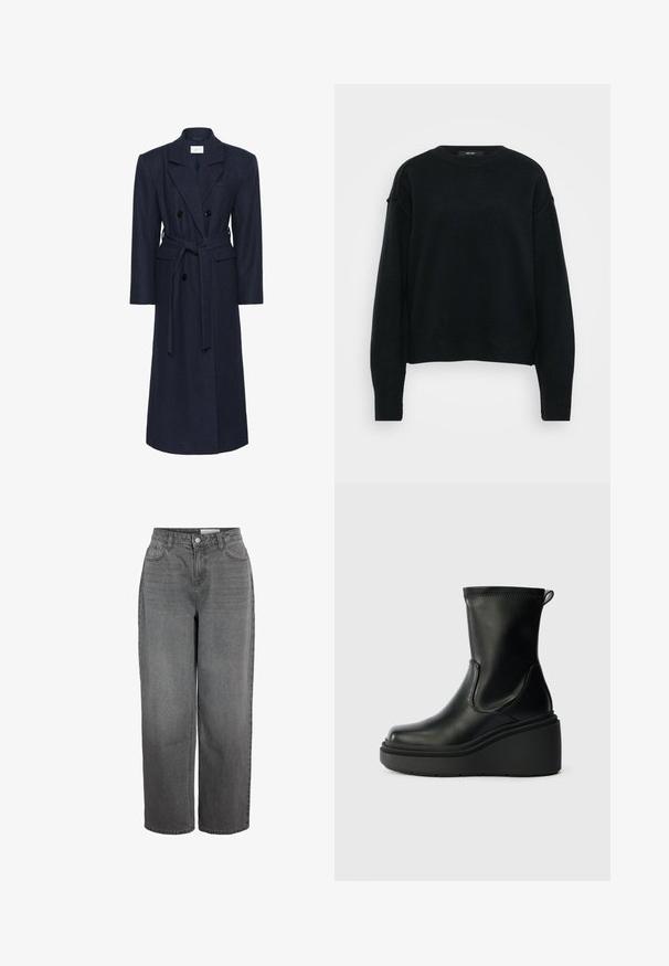 Doppelreihiger Wintermantel aus Navy-Wollmischung, lange Ärmel, selbstbindender Gürtel, zwei vordere Taschen, Reverskragen, strukturierter Stoff.; Schwarzer Strickpullover mit Rundhalsausschnitt, überschnittenen Schultern und langen Ärmeln. Verfügt über einen strukturierten Stoff und einen cropped Schnitt.; Graue Jeans aus Denim mit geradem Bein, hoher Taille, Vorder taschen und Knopfverschluss.; Schwarze Leder-Ankle-Boots mit Wedge-Sohle, glatter Textur, abgerundeter Zehenpartie, elastischen Seiten und einer Ziehlasche an der Rückseite.