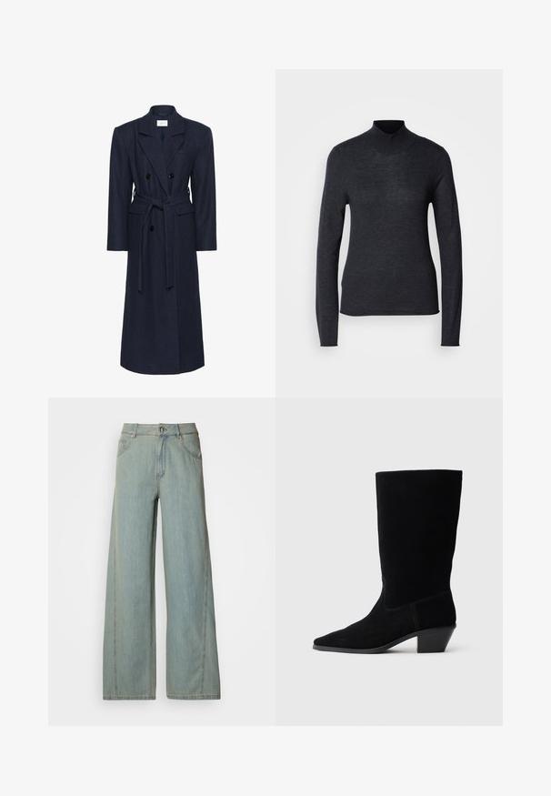 Doppelreihiger Wintermantel aus Navy-Wollmischung, lange Ärmel, selbstbindender Gürtel, zwei vordere Taschen, Reverskragen, strukturierter Stoff.; Schwarzer, langärmeliger Rollkragenpullover aus einem weichen, leichten Strickstoff. Hat eine figurbetonte Passform und einen gerippten Kragen für einen eleganten Look.; Helle blaue weit geschnittene Jeans aus Denim, mit einem Knopf- und Reißverschluss, fünf Taschen und kontrastierenden Steppnähten.; Schwarze Wildleder Stiefelette mit spitzer Zehe, mittelhohem Schaft und einem chunky Absatz. Verfügt über minimale Nähte und eine glatte Textur.