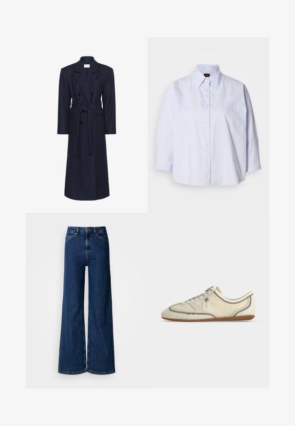 Dubbelzijdige marineblauwe wollen blend jas, lange mouwen, zelfbindende riem, twee voorzakken, gespreide kraag, gestructureerde stof.; Lichtblauw overhemd met kraag, een knoopsluiting aan de voorkant, raglanmouwen en een glad, kreukbestendig stof. Heeft subtiele borduurwerk op de zoom.; Wijd uitlopende jeans met een donkere wassing, gemaakt van denim, met een hoge taille, klassiek ontwerp met vijf zakken en subtiele stiksel details langs de naden.; Witte lage sneaker met zwarte zigzagstiksels, grijze veters, gummizool en klein "HUGO" logo aan de zijkant.