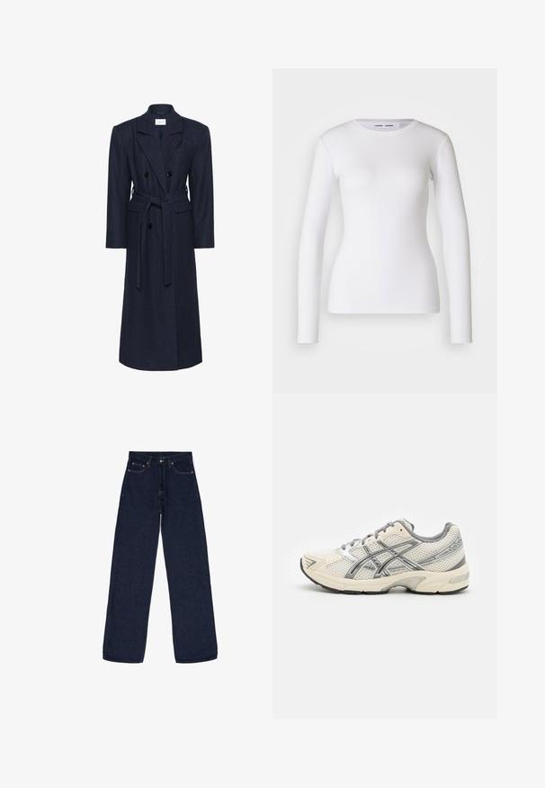 Dubbelzijdige marineblauwe wollen blend jas, lange mouwen, zelfbindende riem, twee voorzakken, gespreide kraag, gestructureerde stof.; Witte longsleeve shirt van ribstof, met een ronde halslijn en een getailleerde vorm. Er zijn geen patronen of accenten aanwezig.; Donkerblauwe wijde spijkerbroek gemaakt van denim. Kenmerken zijn een knoopsluiting, vijf zakken en subtiele stikseldetails. Gladde textuur.; Hardloopschoenen met een ademend wit mesh bovenwerk, zilveren accenten, grijze veters en een duurzame zwarte rubberen zool. Lichtgewicht, gevoerd ontwerp.