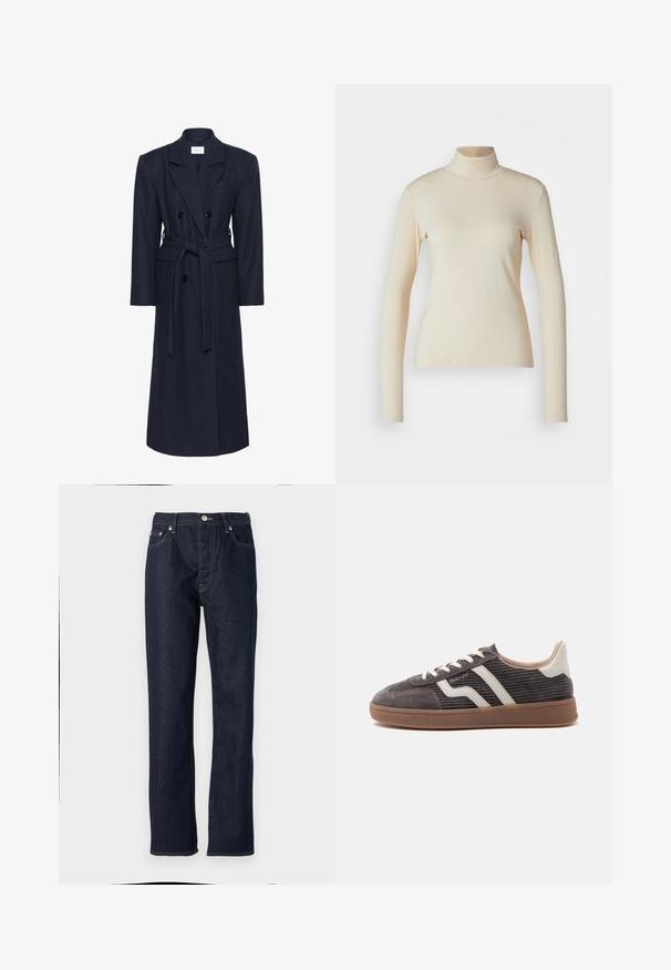 Dobbeltbrystet navy uldblandingsfrakke, lange ærmer, selvbindende bælte, to forlommer, notch-krave, textured stof.; Cremefarvet langærmet turtleneck top lavet af glat, strækbart stof; tætsiddende design med høj hals og ingen synlige mønstre eller detaljer.; Mørkeblå denimbukser med lige pasform, featuring knap- og lynlåslukning, femlommerdesign og kontrastsyninger.; Enkel mørkegrå sneaker med hvide læderdetaljer, teksturerede sider, hvide snørebånd og en brun gummisål, vist fra siden på en ensfarvet baggrund.