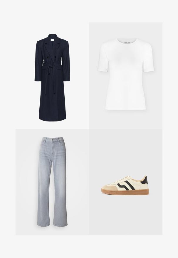 Dobbeltbrystet navy uldblandingsfrakke, lange ærmer, selvbindende bælte, to forlommer, notch-krave, textured stof.; Hvid T-shirt med rund hals, korte ærmer, slank pasform og ribbet stofstruktur, vist på en ensfarvet lys grå baggrund.; Lys grå vidde jeans med høj talje, lavet af denim. Har forlommer, lynlås og subtil falmen over det hele.; Snørestøvler med en cremefarvet overdel med sorte striber og en ruskindsnæsetip, suppleret med en brun gummisål.