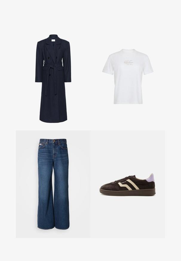 Dubbelzijdige marineblauwe wollen blend jas, lange mouwen, zelfbindende riem, twee voorzakken, gespreide kraag, gestructureerde stof.; Wit T-shirt met korte mouwen, ronde hals en lichtbeige Calvin Klein-logo gecentreerd op de borst.; Wijdvallende jeans van donkerblauwe denim. Kenmerken zijn een hoge taille, vijf zakken en contrasterende oranje stiksels langs de naden.; Donkerbruine corduroy sneaker met beige zijstrepen, vetersluiting, paarse hieltab en rubberen zool tegen een witte achtergrond.