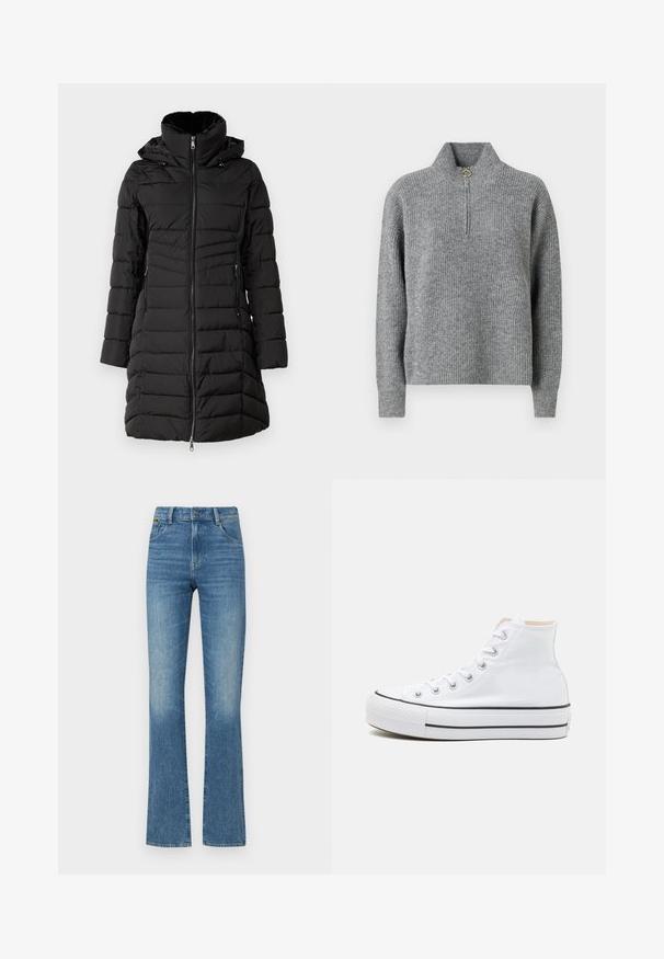 ONLY ONLHELEN PUFFER COAT - Zimný kabát - black; Šedý pletený sveter s vysokým golierom, polovičným zipsom, rebrovanou textúrou a dlhými rukávmi. Obsahuje okrúhly zlatý akcent na zips.; Modré džínsy s rozšírenými nohavicami a mierne vyblednutou textúrou, s piatimi vreckami a zapínaním na gombík v páse. Oblečenie s poškodením pri lemoch.; Biele vysoké tenisky z plátnovej látky, čierna gumová podrážka a kontrastný čierny pruh na strednej podrážke. Okrúhla špička a zaväzovací dizajn.