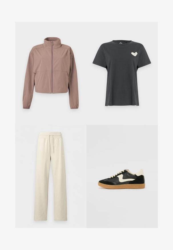 Veste mauve claire à fermeture éclair avec col montant, poignets élastiques et poches zippées, présentée à plat sur un fond blanc.; T-shirt noir à manches courtes avec col rond, orné d'un petit dessin en forme de cœur blanc sur la poitrine gauche.; Pantalon de jogging beige à jambes larges avec taille côtelée à cordon et logo subtil sur la cuisse droite, présenté sur un fond uni.; Baskets en daim et cuir noir avec un swoosh latéral crème et un talon crème clair. Dotées de lacets beige et d'une semelle en caoutchouc gomme.