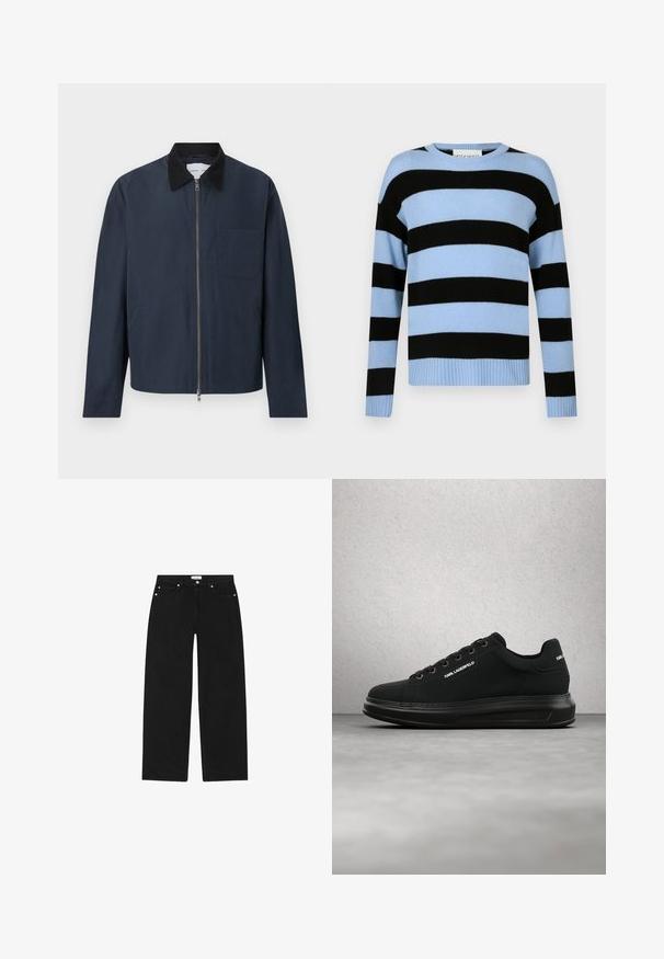 Veste zippée bleu marine avec col noir, manches longues, deux poches latérales et une poche poitrine du côté gauche.; Pull rayé avec des couleurs alternées bleu clair et noir, col rond, manches longues, ourlet et poignets côtelés. Texture douce en maille.; Jeans en denim noir avec une coupe droite, design à cinq poches et quincaillerie en ton argenté. Présente un tissu texturé et un style minimaliste.; Baskets noires Karl Lagerfeld avec lacets noirs, semelle en caoutchouc et détail logo, flottant au-dessus d'un sol en béton gris près de blocs de verre.