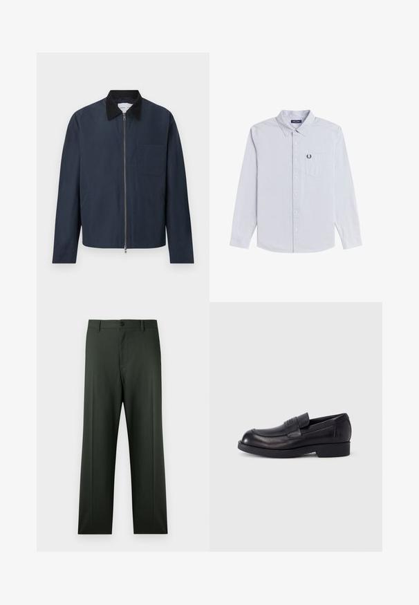 Veste zippée bleu marine avec col noir, manches longues, deux poches latérales et une poche poitrine du côté gauche.; Chemise bleu clair à manches longues avec boutons, col boutonné, poche avant avec logo de couronne de laurier noir.; Pantalon vert foncé avec une coupe droite, des passants pour ceinture, une fermeture par bouton et des poches avant et arrière avec une texture lisse.; Mocassin en cuir noir avec petit talon et bride sur le dessus, logo embossé sur la bride, présenté de profil sur fond blanc.