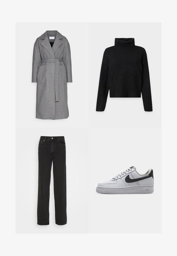 Grauer Wollmischmantel mit Wickeldesign, aufgeschlagenem Kragen, langen Ärmeln, Bindegürtel und zwei frontalen Taschen. Minimalistisches und strukturiertes Erscheinungsbild.; Schwarzer gerippter Strickrollkragenpullover mit langen Ärmeln und leicht cropped Passform auf schlichtem hellem Hintergrund.; Schwarze Jeans im Straight-Leg-Stil mit fünf Taschen, Knopfverschluss vorn und Gürtelschlaufen, vor einem weißen Hintergrund präsentiert.; Weißes Leder-Sneaker mit grauen Akzenten, runde Zehenpartie, strukturierte Oberfläche, gepolsterter Kragen und kontrastierendes schwarzes Swoosh-Logo. Luftgepolsterte Sohle.
