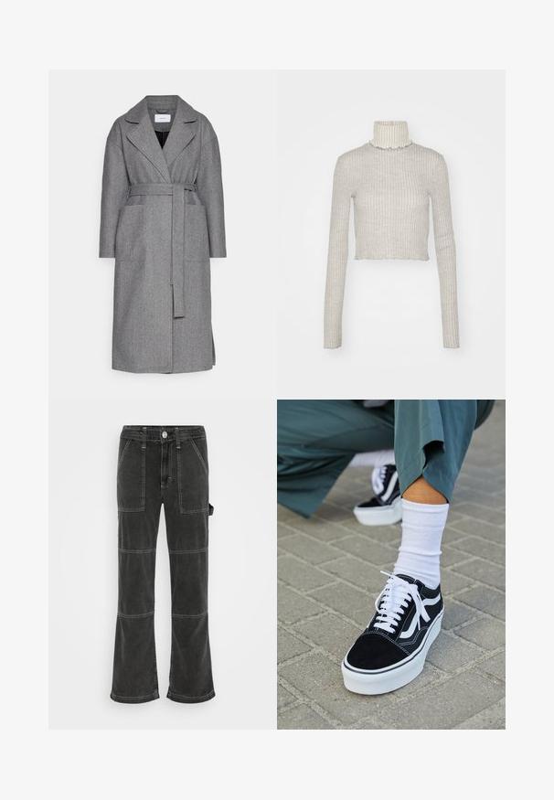 Grauer Wollmischmantel mit Wickeldesign, aufgeschlagenem Kragen, langen Ärmeln, Bindegürtel und zwei frontalen Taschen. Minimalistisches und strukturiertes Erscheinungsbild.; Helles graues, geripptes Rollkragensweatshirt mit langen Ärmeln. Hat eine cropped Länge und einen Rüschensaum am Kragen und Saum. Weiche Textur.; BDG Urban Outfitters UTILITY SKATE - Jeans Relaxed Fit - washed black; Schwarze Wildledersneaker mit weißen Akzenten und Schnürsenkeln, ausgestattet mit einer dicken weißen Sohle und kontrastierenden Nähten, kombiniert mit einer weißen Socke.