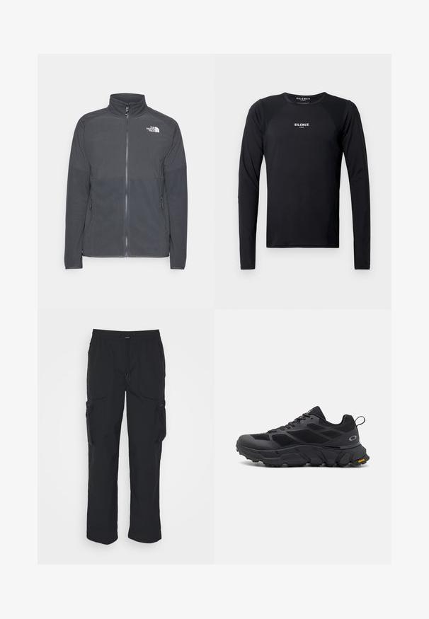 Chaqueta de forro polar gris oscuro con un cuello alto, cremallera frontal completa, yugo superior texturizado, bolsillos laterales y un logo blanco en el pecho.; Camiseta atlética negra de manga larga, hecha de una tela suave y ligera. Presenta un cuello redondo, mangas raglán y un logo sutil en el pecho.; Pantalones cargo negros hechos de tejido tejido. Cuenta con una cinturilla ajustable, bolsillos laterales y dos bolsillos de utilidad con cremalleras.; Zapatos deportivos negros con una suela gruesa, parte superior de malla y sintético, acentos texturizados y marca Vibram en la suela exterior.