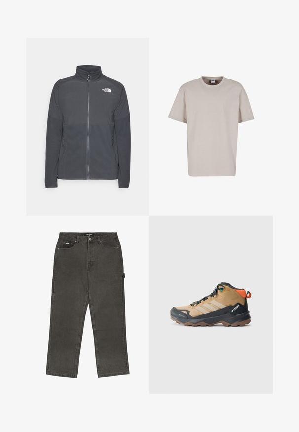Mørkegrå fleecejakke med høj krave, fuld frontlynlås, struktureret øverste rygpanel, sidelommer og et hvidt logo på brystet.; Urban Classics CUFF TEE - T-shirts basic - cloud; Mørkegrå denim jeans med lige ben, fem-lomme design og en lille side løkke til ekstra funktionalitet.; Brune og sorte vandrestøvler med mesh-paneler, tre hvide striber, en forstærket tå og en tekstureret gummisål for godt greb.