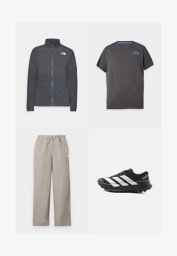 Donkergrijze fleecetrui met een hoge kraag, volledige rits aan de voorkant, gestructureerde bovenkant, zijzakken en een wit logo op de borst.; Donkergrijs T-shirt met korte mouwen en ronde hals met een klein blauw The North Face-logo op de linker bovenborst tegen een witte achtergrond.; Beige rechte broek met elastische tailleband en een klein wit logo op het rechter zijnnaad.; Zwart-witte Adidas Terrex trailrunningschoen met dikke zool en grof profiel, zijaanzicht op een effen lichte achtergrond.