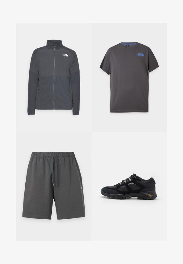 Mørkegrå fleecejakke med høj krave, fuld frontlynlås, struktureret øverste rygpanel, sidelommer og et hvidt logo på brystet.; Mørkegrå T-shirt med korte ærmer og rund hals med lille blå The North Face-logo på øverste venstre bryst mod hvid baggrund.; Grå shorts lavet af blødt stof med elastisk taljebånd og justerbar snøre. Har et enkelt design uden lommer eller mønstre.; Sort udendørs sko lavet af ruskind og mesh med en robust sål. Har grå accenter og Vibram-branding på siden. Snøredesign.
