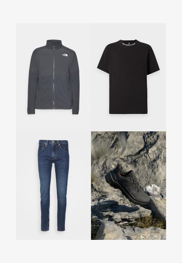 Donkergrijze fleecetrui met een hoge kraag, volledige rits aan de voorkant, gestructureerde bovenkant, zijzakken en een wit logo op de borst.; Zwart T-shirt met korte mouwen en een ronde hals met de tekst "THE NORTH FACE" gedrukt rond de kraag.; Donkerblauwe jeans met een rechte snit, gemaakt van denim. Beschikt over een knoop- en ritssluiting, vijf zakken en subtiele stikdetails.; Zwarte trailrunning schoen met een gestructureerde bovenkant, voorzien van een gevoerde zool, een versterkte neus en subtiele branding aan de zijkant.