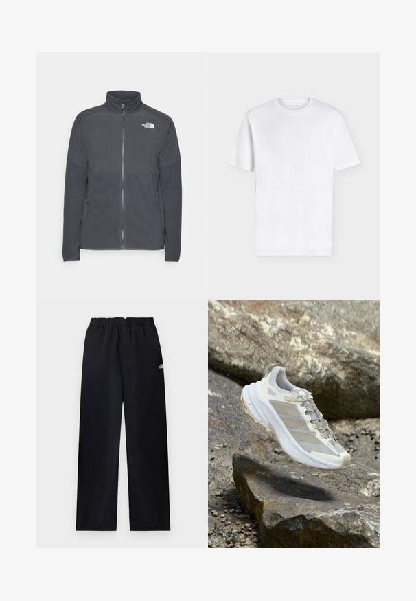 Mørkegrå fleecejakke med høj krave, fuld frontlynlås, struktureret øverste rygpanel, sidelommer og et hvidt logo på brystet.; Enkelt hvid T-shirt med korte ærmer og rund hals med et diskret præget logo på den øverste venstre bryst, vist på en hvid baggrund.; Sorte bukser med elastik i taljen og lige ben, med lille hvidt logo på øverste højre lår, vist fladt på lys baggrund.; Lys grå løbesko med mesh og syntetisk overdel, hvid mellemsål og tekstureret sål. Har diskrete accenter og snørebånd.