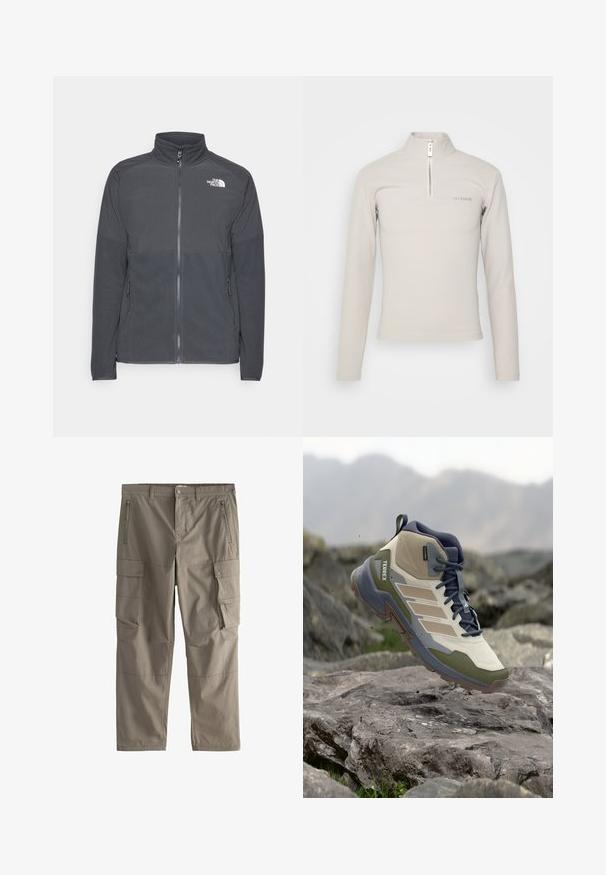 Chaqueta de forro polar gris oscuro con un cuello alto, cremallera frontal completa, yugo superior texturizado, bolsillos laterales y un logo blanco en el pecho.; Han Kjøbenhavn LOGO HALF ZIP SHARP LONG SLEEVE - Camiseta de manga larga - grey; Pantalones cargo color caqui con trabillas para cinturón, bolsillos frontales con cremallera, bolsillos laterales con cierre de botón a presión y diseño de pierna recta.; Botín de senderismo de corte alto con diseño en beige y verde oliva, tejido texturizado, detalles en gris y suela de goma para tracción.