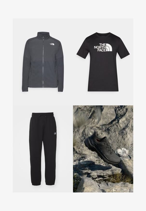 Donkergrijze fleecetrui met een hoge kraag, volledige rits aan de voorkant, gestructureerde bovenkant, zijzakken en een wit logo op de borst.; Zwart T-shirt met korte mouwen gemaakt van katoen, met een opvallend wit logo van "THE NORTH FACE" over de borst.; Zwarte sweatpants van zachte stof, met een elastische tailleband en trekkoord, smalle boorden bij de enkels en een klein logo op de bovenkant van de bovenbeen.; Zwarte trailrunning schoen met een gestructureerde bovenkant, voorzien van een gevoerde zool, een versterkte neus en subtiele branding aan de zijkant.