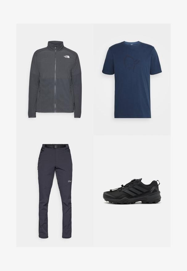Tumehall villane jakk, millel on kõrge krae, täispikk lukk, tekstureeritud ülemine õmblus, küljetaskud ja valge logo rinnal.; Norrøna /29 COTTON VIKING T-SHIRT - Trükipildiga T-särk - indigo night/sky captain; Veekindlad püksid tumedas hallis värviga, valmistatud vastupidavast kangast. Omadusteks on vöökohus, küljetaskud ja lukuga pahkluue avad.; Mustad mustespordijalats, millel on tekstureeritud võrkkangas, kontrastsed sünteetilised detailid ja tugev kummist tald. Omab kindlat paeltesüsteemi ja tagumist silmust.