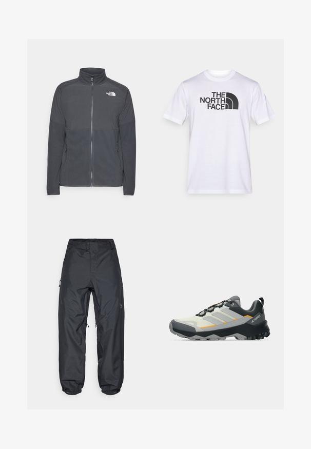 Mørkegrå fleecejakke med høj krave, fuld frontlynlås, struktureret øverste rygpanel, sidelommer og et hvidt logo på brystet.; Hvid bomuld t-shirt med et sort logo af "THE NORTH FACE" og et buet designelement. Kortærmet og med rund hals.; Sorte vandtætte bukser med en afslappet pasform, der har to knapper i taljen, justerbare ankelmanchetter og lynlåslommer på siden.; Lysegrå trailsko med sorte og orange accenter, tekstureret overdel, forstærvet tå og en robust, mønstret ydersål for godt greb.