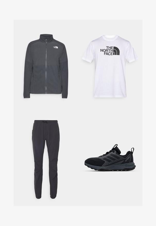 Dunkelgraue Fleecejacke mit hohem Kragen, durchgehendem Reißverschluss, strukturiertem oberen Einsatz, Seitentaschen und einem weißen Logo auf der Brust.; Weißes Baumwoll-T-Shirt mit einem schwarzen "THE NORTH FACE"-Logo und einem geschwungenen Designelement. Kurzärmlig mit Rundhalsausschnitt.; Schwarze, leichte Outdoor-Hosen mit elastischem Bund, Kordelzugverschluss und zwei seitlichen Reißverschlusstaschen. Hergestellt aus atmungsaktivem Material.; Schwarze Laufschuhe mit einer strukturierten Oberseite aus Mesh und synthetischen Akzenten, einer gepolsterten Sohle und einer Fersenschlaufe zum einfachen Anziehen.