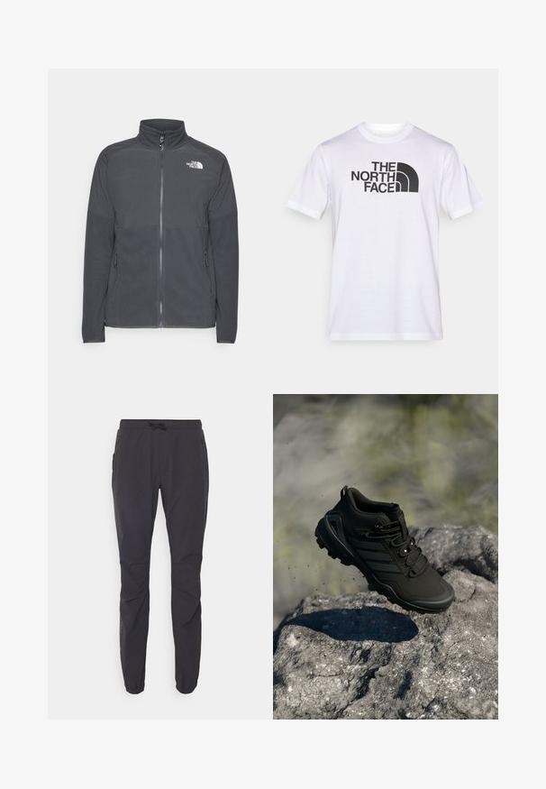 Tumehall villane jakk, millel on kõrge krae, täispikk lukk, tekstureeritud ülemine õmblus, küljetaskud ja valge logo rinnal.; Valge puuvillane t-särk, millel on must "THE NORTH FACE" logo ja kaarjas disainielement. Lühikesed varrukad ja ümara kaelusega.; Mustad musta värvi kerged õueriided, elastse vöökoha, stringikinnituse ja kahe külje lukuga taskuga. Valmistatud hingavast kangast.; Mustad mustar jooksujalats, millel on rohkelt rabisev tald, hõljub kivi pinnasel, nähtavad on pinnaseosakesed looduses.