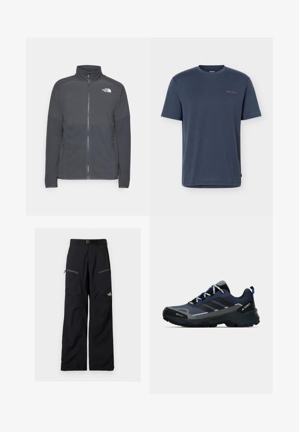 Dunkelgraue Fleecejacke mit hohem Kragen, durchgehendem Reißverschluss, strukturiertem oberen Einsatz, Seitentaschen und einem weißen Logo auf der Brust.; Marineblaue T-Shirt mit kurzem Ärmel und Rundhalsausschnitt, vorne links oben ein kleines pinkes "Helly Hansen"-Logo.; Schwarze Outdoor-Hose mit verstellbarem Gürtel, zwei Reißverschlusstaschen an den Oberschenkeln und The North Face-Logo am rechten Bein.; Herren-Trail-Schuhe mit Gore-Tex-Obermaterial, marineblauem und grauem Farbschema, schwarzen Akzenten, strukturierter Sohle und reflektierenden Elementen.
