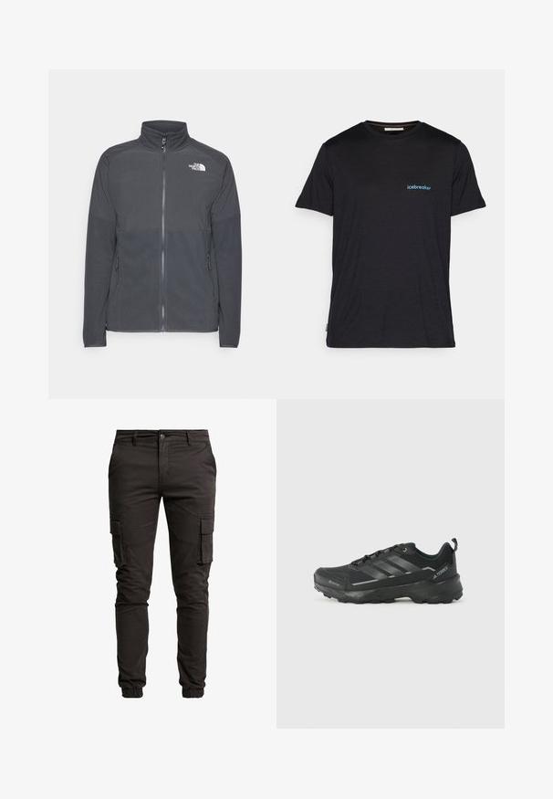 Donkergrijze fleecetrui met een hoge kraag, volledige rits aan de voorkant, gestructureerde bovenkant, zijzakken en een wit logo op de borst.; Zwarte korte mouwen t-shirt van zachte stof, met een klein blauw "icebreaker" logo op de linkerkant van de borst. Normale pasvorm.; Zwarte cargo pants van een katoenmengsel, met zijzakken, elastische manchetten, een knoopsluiting en een gladde, matte textuur.; Zwarte sportschoen met een gestepeld stoffen bovenwerk, drie zilveren strepen, versterkte neus en een robuuste rubberen zool voor tractie.