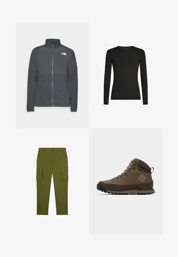Chaqueta de forro polar gris oscuro con un cuello alto, cremallera frontal completa, yugo superior texturizado, bolsillos laterales y un logo blanco en el pecho.; Camiseta negra de manga larga ajustada con cuello redondo y un sutil logo de Icebreaker en la manga izquierda, mostrada sobre un fondo blanco.; Pantalones cargo verde oliva con ajuste recto, fabricados en un tejido ligero; cuentan con bolsillos laterales con cremalleras y bolsillos frontales con inclinación.; Botín de senderismo de corte medio en marrón, hecho de cuero y textil, con ojetes de metal, cordones, un cuello acolchado y una suela de goma negra resistente.