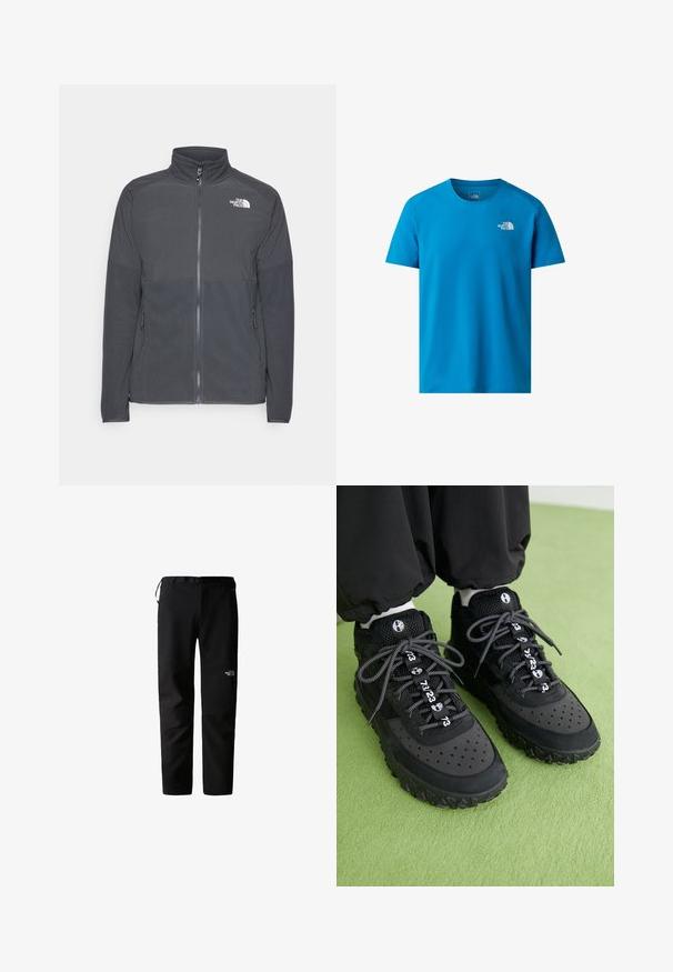 Dunkelgraue Fleecejacke mit hohem Kragen, durchgehendem Reißverschluss, strukturiertem oberen Einsatz, Seitentaschen und einem weißen Logo auf der Brust.; Blaues T-Shirt mit kurzen Ärmeln aus glattem Stoff, mit einem kleinen weißen Logo auf der linken Brust. Klassisches Rundhalsdesign.; Schwarze Outdoor-Hosen mit schlankem Design, gefertigt aus einem strapazierfähigen, leichten Stoff. Mit Gürtel, Seitentaschen und einem Logo am Oberschenkel.; Schwarze Sneaker bestehen aus einer Kombination von Leder und Mesh-Materialien, haben eine strukturierte Gummisohle, auffällige Perforationen und gemusterte Schnürsenkel mit numerischen Akzenten.