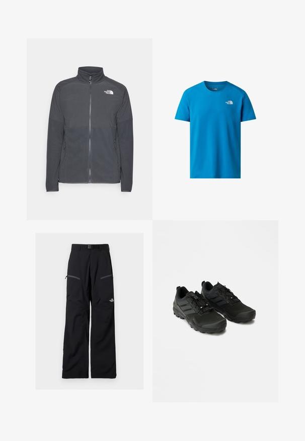 Donkergrijze fleecetrui met een hoge kraag, volledige rits aan de voorkant, gestructureerde bovenkant, zijzakken en een wit logo op de borst.; Blauwe T-shirt met korte mouwen, gemaakt van gladde stof, met een klein wit logo op de linkerborst. Klassiek rond decolleté ontwerp.; Zwarte outdoorbroek met verstelbare riem, twee met rits afsluitbare dijbeenzakken en het The North Face-logo op het rechterbeen.; Zwarte sportschoenen met een gestructureerde bovenkant, een duurzame rubberen zool en subtiele reflecterende accenten; beschikt over een vetersysteem voor een stevige pasvorm.