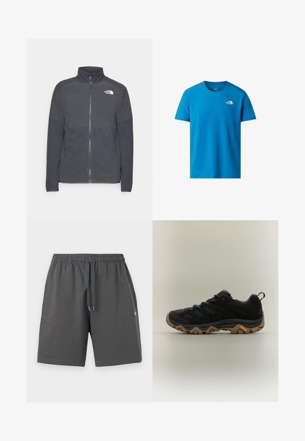 Mørkegrå fleecejakke med høj krave, fuld frontlynlås, struktureret øverste rygpanel, sidelommer og et hvidt logo på brystet.; Blå kortærmet t-shirt lavet af glat stof, med et lille hvidt logo på venstre bryst. Klassisk crew neck design.; Grå shorts lavet af blødt stof med elastisk taljebånd og justerbar snøre. Har et enkelt design uden lommer eller mønstre.; Sort vandresko med brun tekstureret Vibram-sål og trækflig på hælen, vist i sideprofil på neutral baggrund.