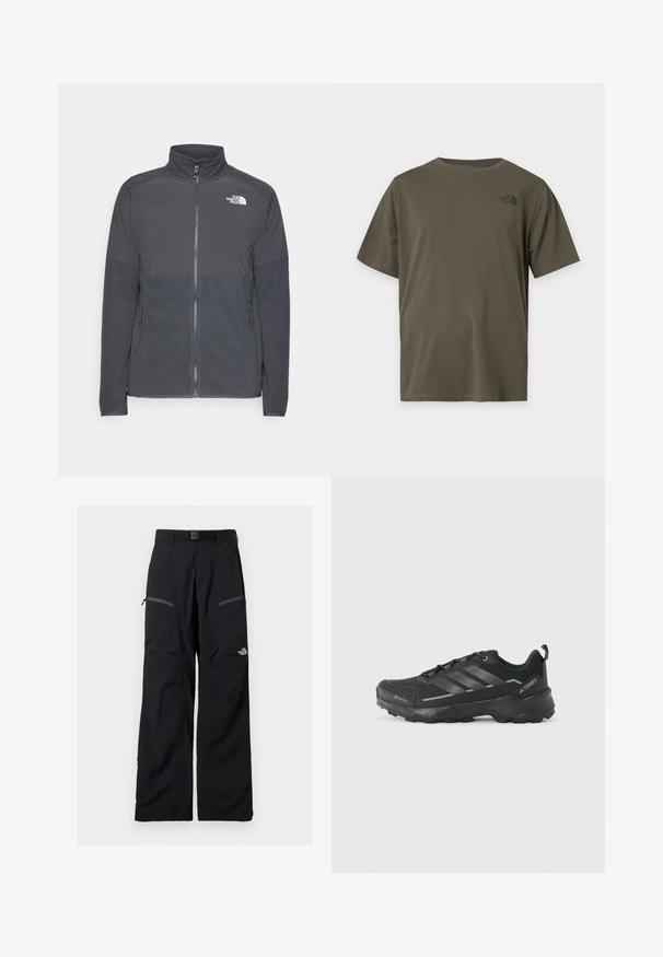 Mørkegrå fleecejakke med høj krave, fuld frontlynlås, struktureret øverste rygpanel, sidelommer og et hvidt logo på brystet.; En simpel olivengrøn t-shirt med korte ærmer og et lille sort The North Face-logo på øverste venstre bryst.; Sorte udendørsbukser med justerbart bælte, to lynlåslommer på lårene og The North Face-logo på højre ben.; Sorte atletiske sko med en tekstureret stofoverdel, tre sølvstriber, forstærket tå og en robust gummisål til godt greb.