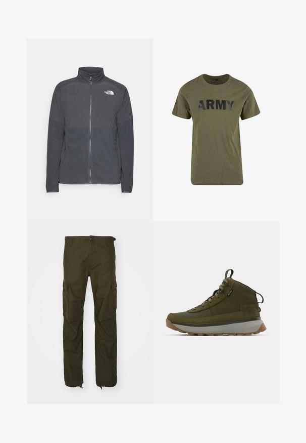Mørkegrå fleecejakke med høj krave, fuld frontlynlås, struktureret øverste rygpanel, sidelommer og et hvidt logo på brystet.; Oliven grøn bomulds T-shirt med korte ærmer, med en iøjnefaldende sort "ARMY"-tryk på forsiden. Klassisk rund hals og afslappet pasform.; Olivenfarvede cargo bukser lavet af slidstærkt stof, med knaplukning, flere sidelommer og elastiske manchetter ved anklerne.; Vandrestøvler i olivengrøn med en struktureret ruskinds-overdel, grå mellemsål, robust ydersål og reflekterende snørebånd for øget synlighed.