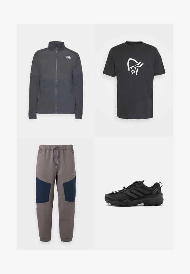 Mørkegrå fleecejakke med høj krave, fuld frontlynlås, struktureret øverste rygpanel, sidelommer og et hvidt logo på brystet.; Sort bomulds t-shirt med et stort hvidt grafik af et stiliseret ansigt med et hovedbeklædning på fronten. Klassisk rund halsudskæring og korte ærmer.; Grå joggingbukser med marineblå knæpaneler, elastisk taljebånd, snor, lynlåslommer og Columbia-logo på øverste lår.; Sort atletisk sko med en tekstureret mesh-overdel, kontrasterende syntetiske accenter og en robust gummisål. Har et sikkert snøresystem og bageste loop.