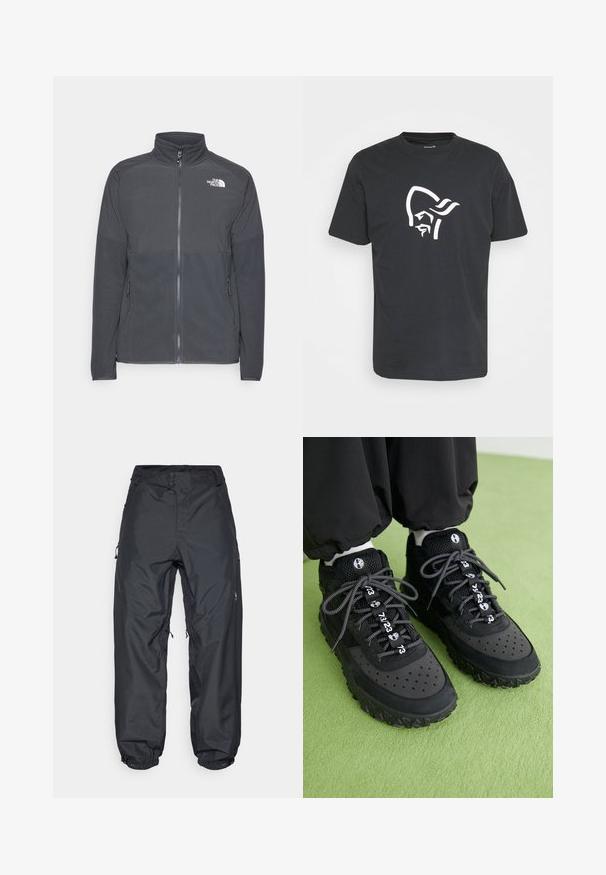 Donkergrijze fleecetrui met een hoge kraag, volledige rits aan de voorkant, gestructureerde bovenkant, zijzakken en een wit logo op de borst.; Zwart katoenen t-shirt met een grote witte afbeelding van een gestileerd gezicht met een hoofdtooi op de voorkant. Klassieke ronde halslijn en korte mouwen.; Zwarte waterdichte broek met een ontspannen pasvorm, voorzien van twee knopen in de taille, verstelbare enkelmanchetten en zijzakken met rits.; Zwarte sneakers zijn gemaakt van een mix van leer en mesh-materialen, hebben een gestructureerde rubberen zool, opvallende perforaties en patroonveters met numerieke accenten.