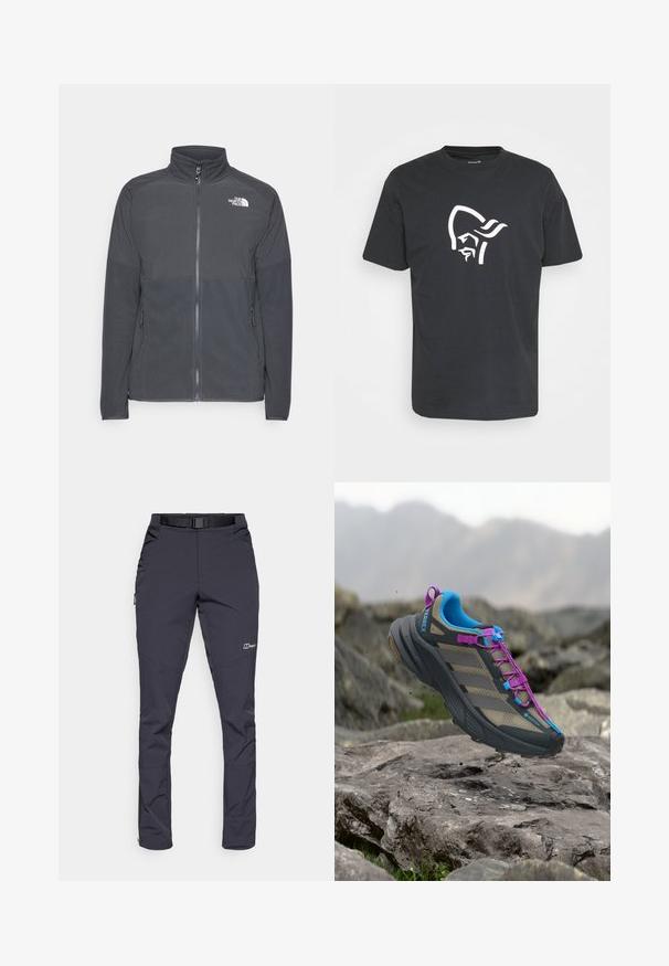 Mørkegrå fleecejakke med høj krave, fuld frontlynlås, struktureret øverste rygpanel, sidelommer og et hvidt logo på brystet.; Sort bomulds t-shirt med et stort hvidt grafik af et stiliseret ansigt med et hovedbeklædning på fronten. Klassisk rund halsudskæring og korte ærmer.; Vandtætte bukser i mørkegrå farve, lavet af slidstærkt stof. Funktioner inkluderer et bælte, sidelommer og lynlåsede ankler.; Trail løbesko med grå, blå og lilla detaljer over stenet terræn og sløret bjergbaggrund.