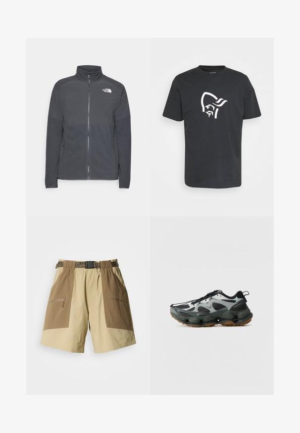 Dunkelgraue Fleecejacke mit hohem Kragen, durchgehendem Reißverschluss, strukturiertem oberen Einsatz, Seitentaschen und einem weißen Logo auf der Brust.; Schwarzes Baumwoll-T-Shirt mit einem großen weißen Motiv eines stilisierten Gesichts mit Kopfschmuck auf der Vorderseite. Klassischer Rundhalsausschnitt und kurze Ärmel.; Hellbraune und beige Cargo-Shorts mit zwei großen Seitentaschen, einer Reißverschlusstasche und einem gemusterten Gürtel. Hergestellt aus leichtem Stoff.; Schwarze und graue Sportschuhe mit einer Oberseite aus Mesh, sculptierter Sohle und Gummilaufsohle. Verfügt über ein sicheres Schnürsystem und eine Zuglasche an der Ferse.
