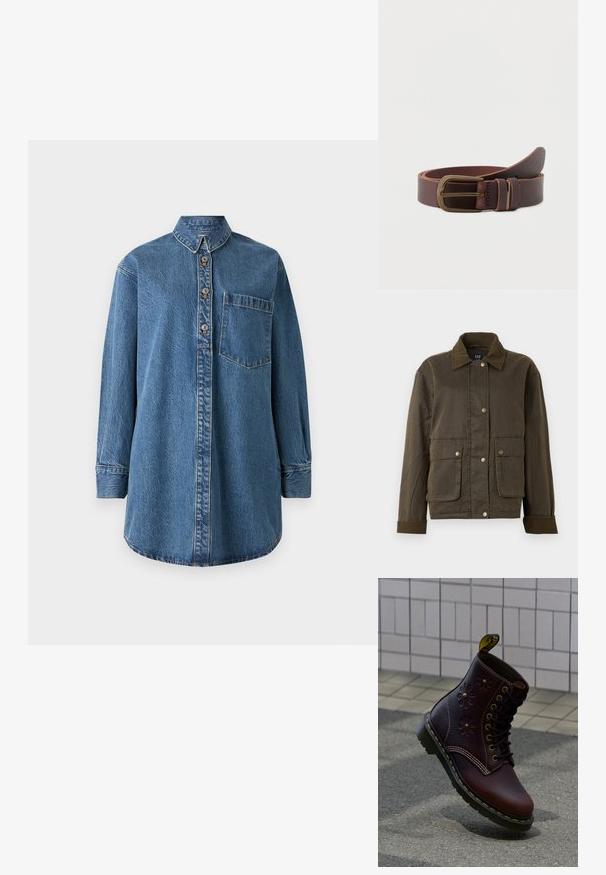 Chaqueta de color verde oliva oscuro con cuello y puños de pana, botones de presión en la parte delantera y dos grandes bolsillos con solapa.; Camisa de mezclilla de color azul medio con mangas largas, cierre de botones en el frente, cuello puntiagudo y bolsillo en el pecho. Presenta acentos de costura visibles.; Bota de cuero marrón oscuro con grabado floral y costuras amarillas, colocada verticalmente sobre un pavimento texturizado con fondo de pared de azulejos.; Cinturón de cuero marrón con hebilla rectangular de bronce, dos trabillas y extremo enrollado sobre un fondo gris claro.