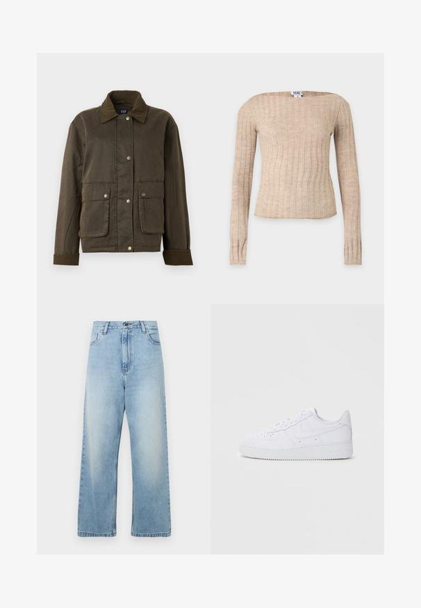 Veste vert olive foncé avec un col et des poignets en velours côtelé, boutons-pression à l'avant et deux grandes poches à rabat.; Pull beige en maille côtelée à manches longues avec un col bateau, coupe slim et une petite étiquette de marque BDG à l'intérieur du col.; Jean large bleu clair en denim. Il présente une taille haute, une poche standard et une finition délavée. Coupe droite avec ourlets nets.; Baskets blanches Nike Air Force 1 avec tige en cuir, bout rond, fermeture à lacets, col rembourré et semelle en caoutchouc texturé.