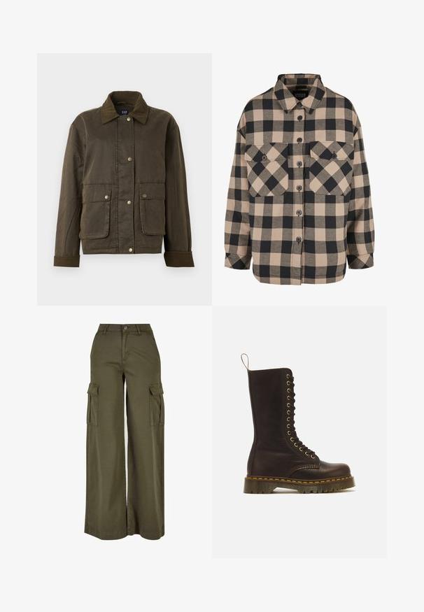 Dunkelolivgrüne Jacke mit Cordkragen und -manschetten, vorderen Druckknöpfen und zwei großen Klappentaschen.; Beige und dunkelgrau karierte Flanellhemd. Verfügt über eine durchgehende Knopfleiste, zwei Brusttaschen und einen umklappbaren Kragen. Locker sitzendes Design.; Olivgrüne, weite Cargo-Hosen mit zwei Seitentaschen, aus einem weichen, langlebigen Stoff. Mit detaillierter Stickerei und Knopfverschluss.; Hoher dunkelbrauner Leder-Schnürstiefel mit gelber Naht, dicker profilierter Sohle und Zugschlaufe hinten.