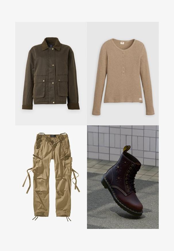 Mørkeolivengrøn jakke med kordfløjlskrave og manchetter, foran snapknapper og to store klaplommer.; Beige henley-shirt i vaffelstrik med lange ærmer, rund halsudskæring og fem-knaps lukning, vist fladt mod hvid baggrund.; Khaki cargo bukser lavet af bomuld med flere sidelommer, snore ved anklerne og knaptryk. Rette linjer og slidstærkt stof.; Mørkebrun læderstøvle med blomsterprægning og gul syning, placeret opret på en tekstureret fortov med flisebelagt væg i baggrunden.