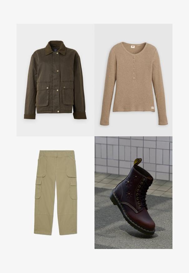 Donkergroen olijfjack met ribfluwelen kraag en manchetten, vooraan drukknoopsluitingen en twee grote flapzakken.; Beige henleyshirt met lange mouwen en wafelstructuur, ronde hals en knoopsluiting met vijf knopen, plat weergegeven tegen een witte achtergrond.; Khakikleuren cargobroek met meerdere klepzakken aan de voorkant en zijkanten, rechte pijpen en riemlussen in de taille.; Donkere bruine leren laars met bloemmotief en gele stiksels, rechtop geplaatst op een textuurrijke bestrating met een wand van tegels op de achtergrond.
