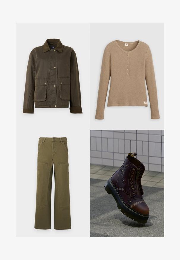 Mørkeolivengrøn jakke med kordfløjlskrave og manchetter, foran snapknapper og to store klaplommer.; Beige henley-shirt i vaffelstrik med lange ærmer, rund halsudskæring og fem-knaps lukning, vist fladt mod hvid baggrund.; Olivengrønne cargo-bukser lavet af slidstærkt stof, der har vide ben, flere lommer og metalhardware-detaljer for ekstra funktionalitet.; Mørkebrune læderstøvler med blomstret prægning, frontlynlås, tyk sort sål med gul syning, svævende over tekstureret fortov nær flisebelagt væg.