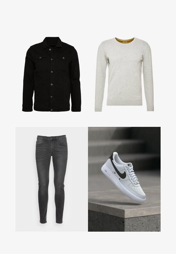 Čierna džínsová bunda s klasickým dizajnom, vybavená gombíkmi, dvoma vreckami na hrudi a mierne textúrovaným povrchom.; TOM TAILOR CREW NECK - Svetrík - light soft grey melange; Úzke čierne džínsy s hladkou textúrou, ktoré majú klasický dizajn s piatimi vreckami a jemným vyblednutím v prednej časti.; Biela teniska Nike Air Force 1 s čiernym logom Swoosh, vznášajúca sa nad betónovým okrajom s rozmazanými schodmi na pozadí.