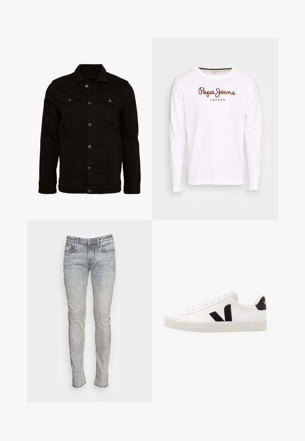 Schwarze Jeansjacke mit klassischem Design, ausgestattet mit Knopfverschluss, zwei Brusttaschen und einer leicht strukturierten Oberfläche.; Langärmliges weißes T-Shirt aus Baumwolle, mit einem braunen "Pepe Jeans"-Logo und dem Text "LONDON" centriert auf der Brust.; Slim-Fit graue Jeans aus Denim mit fünf Taschen, einem Knopfverschluss und kontrastierenden Nähten. Der Stoff hat ein leicht verblasstes und strukturiertes Aussehen.; Weiße Leder-Sneaker mit schwarzen Wildlederelementen; verfügen über eine Gummisohle, eine runde Spitze und ein klassisches Schnürdesign. Seitliches Logo in Schwarz.