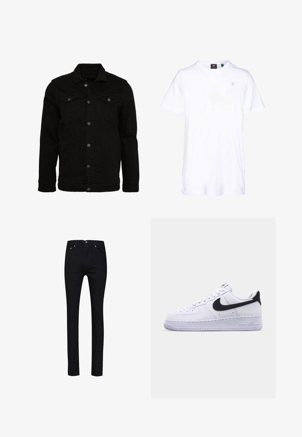 Schwarze Jeansjacke mit klassischem Design, ausgestattet mit Knopfverschluss, zwei Brusttaschen und einer leicht strukturierten Oberfläche.; Weißes Baumwoll-T-Shirt mit kurzen Ärmeln, Rundhalsausschnitt und dezentem Logo auf der Brust. Weicher Stoff und normale Passform. Einfaches Design ohne Muster.; Schwarze Jeans aus Denim mit geradem Schnitt, fünf Taschen, Metallknöpfen und einer einzelnen Gesäßtasche mit Ziersteppung.; Weißes Leder-Sneaker mit einem strukturierten schwarzen Swoosh, flachen Schnürsenkeln und einer Gummisohle mit genoppetem Muster. "AIR" ist auf der Ferse eingeprägt.